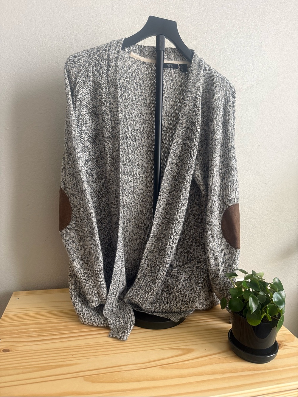 RDI Gray Open-Front Cardigan with Brown Elbow Patches